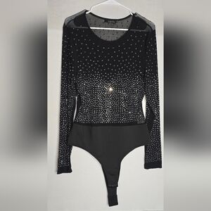 Talent Rhinestone Studded Mesh Stretch Bodysuit Top Black and Silver Size 1x